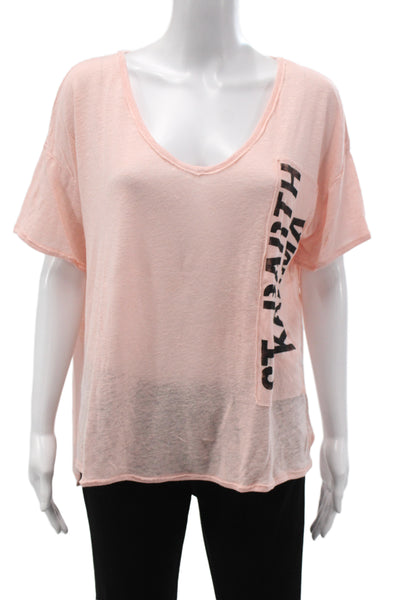 St.Barth Unisex Pink Linen V-Neck Yoga Graphic T-Shirt Short Sleeve Size M