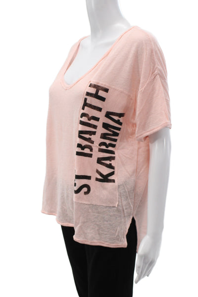 St.Barth Unisex Pink Linen V-Neck Yoga Graphic T-Shirt Short Sleeve Size M