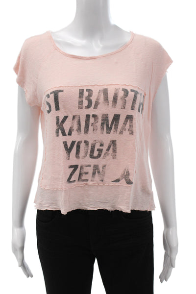 St.Barth Women Cropped T-Shirt Pink 100% Linen Round Neck Sleeveless Size S
