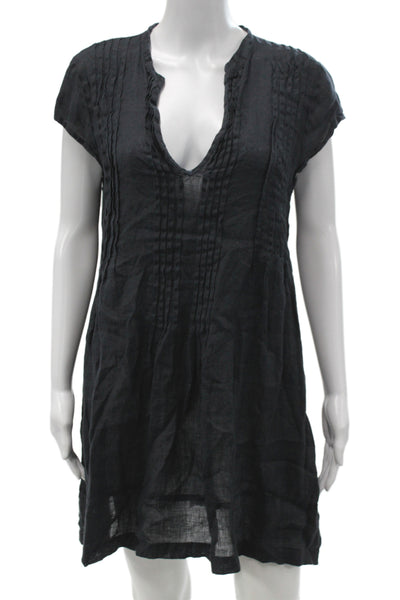 CP Shades Women Shift Dress Black Linen V Neck Short Sleeve Mini Size M