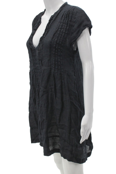 CP Shades Women Shift Dress Black Linen V Neck Short Sleeve Mini Size M