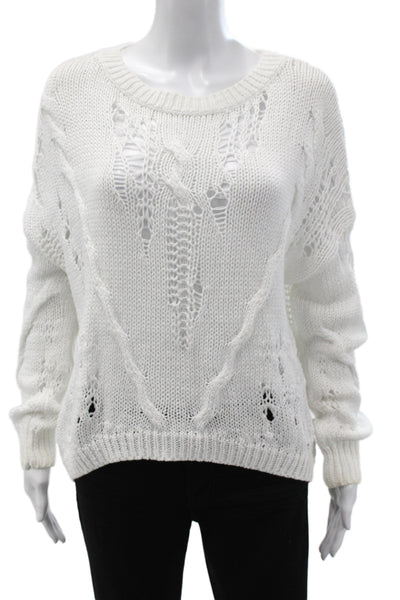 360 Sweater Women Pullover White Cotton Long Sleeve Distressed Size S