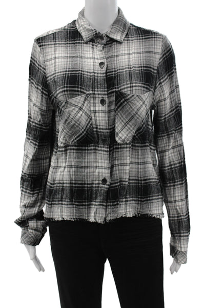 Bella Dahl Women Cropped Black Rayon Plaid Button-Down Longsleeve Size S