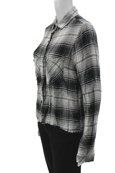 Bella Dahl Women Cropped Black Rayon Plaid Button-Down Longsleeve Size S
