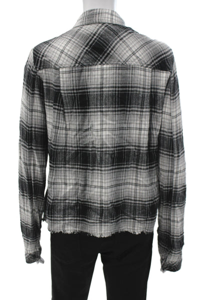 Bella Dahl Women Cropped Black Rayon Plaid Button-Down Longsleeve Size S