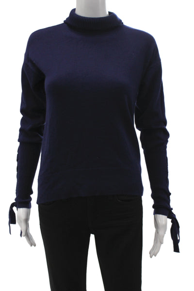 Ramy Brook Women Turtleneck Lace-Up Pullover Blue Wool Long Sleeve Size XS