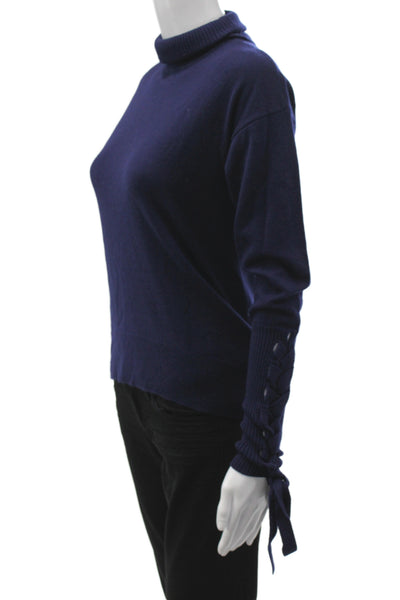 Ramy Brook Women Turtleneck Lace-Up Pullover Blue Wool Long Sleeve Size XS