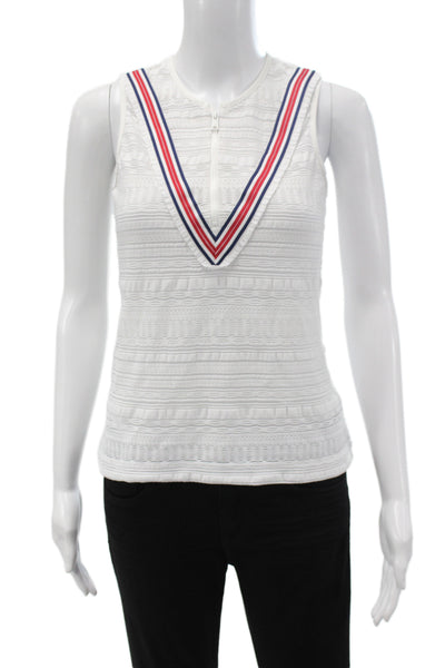 L'etoile Womens Tank Top White Striped Round Neck Zip Sporty Size S