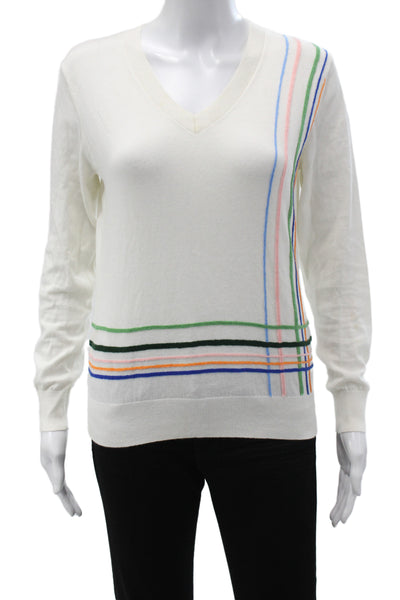 Tory Sport Women Pullover V-Neck Striped Long Sleeve White Size S