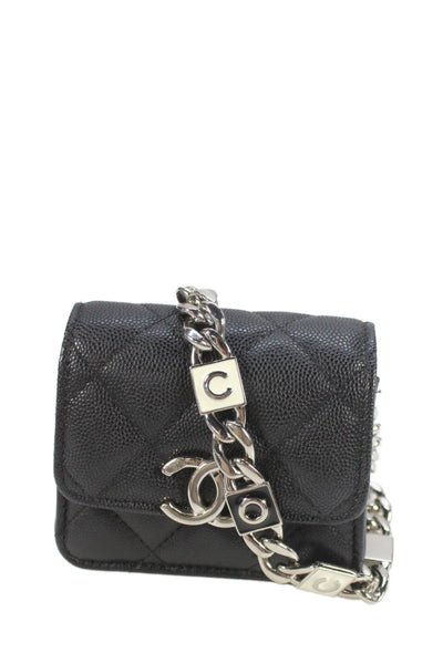 Chanel Womens CC Enamel Chain Strap Caviar Leather Mini Crossbody Handbag Black