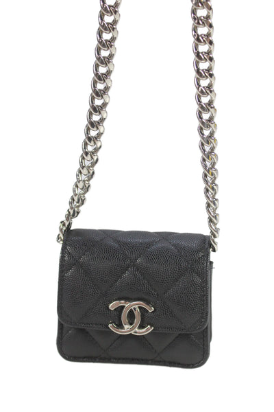 Chanel Womens CC Enamel Chain Strap Caviar Leather Mini Crossbody Handbag Black