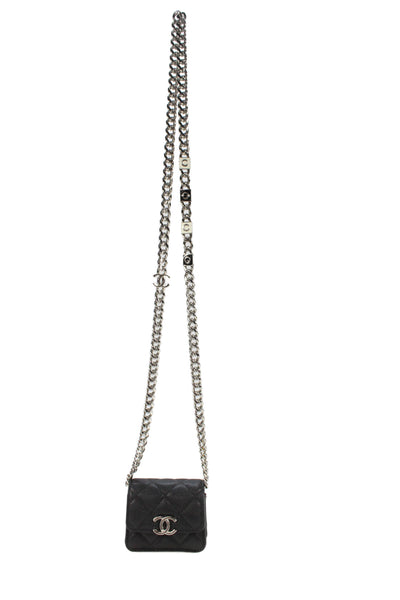 Chanel Womens CC Enamel Chain Strap Caviar Leather Mini Crossbody Handbag Black