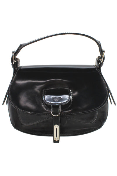 Fontana Womens Top Handle Mini Patent Leather Flap Shoulder Handbag Black