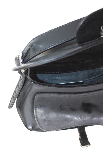 Fontana Womens Top Handle Mini Patent Leather Flap Shoulder Handbag Black