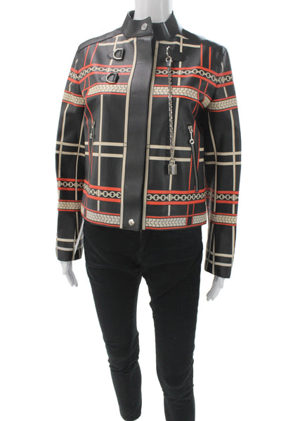 Hermes Womens Biker Plaid Calfskin Jacket Black Snap Closure Size 38