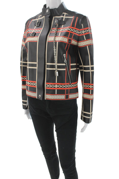 Hermes Womens Biker Plaid Calfskin Jacket Black Snap Closure Size 38