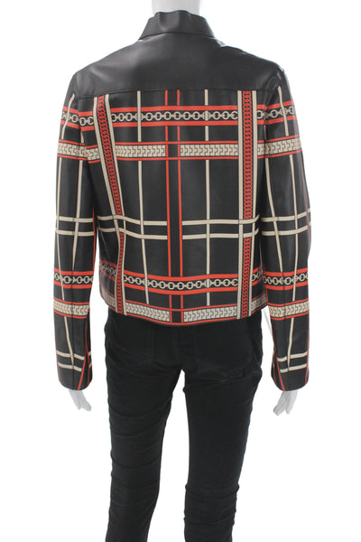 Hermes Womens Biker Plaid Calfskin Jacket Black Snap Closure Size 38