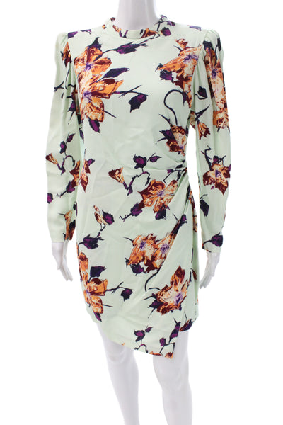 A.L.C. Womens Green Floral Mini Dress Long Sleeve Crew Neck Zip Size 6