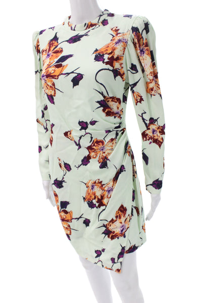 A.L.C. Womens Green Floral Mini Dress Long Sleeve Crew Neck Zip Size 6