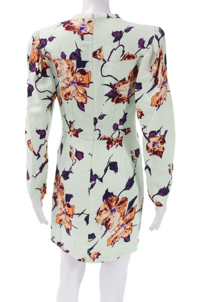 A.L.C. Womens Green Floral Mini Dress Long Sleeve Crew Neck Zip Size 6