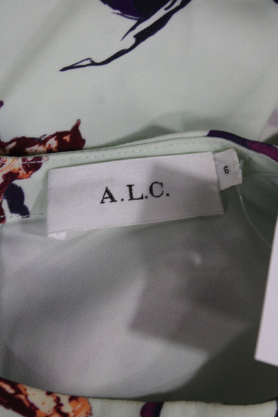 A.L.C. Womens Green Floral Mini Dress Long Sleeve Crew Neck Zip Size 6