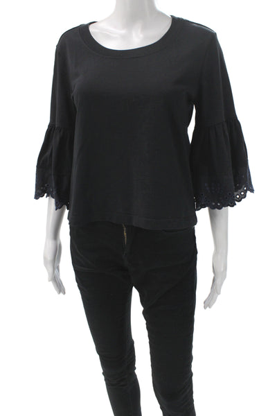 See by Chloe Womens Scoop Neck Cotton T-Shirt 3/4 Sleeve Black Size XS