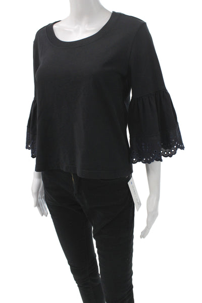 See by Chloe Womens Scoop Neck Cotton T-Shirt 3/4 Sleeve Black Size XS