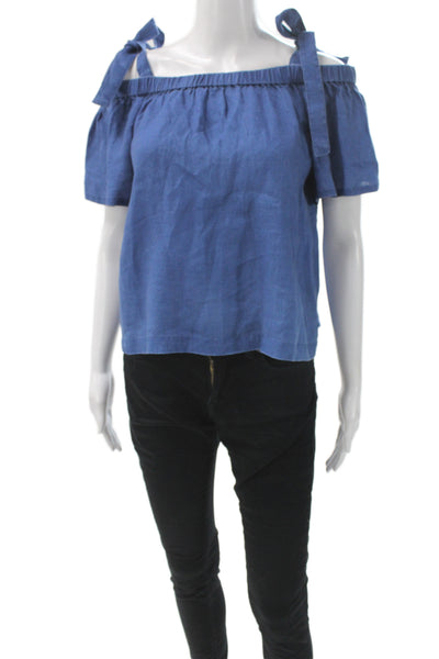 J Brand Womens Linen Square Neck Short Sleeve Shirt Blue Size S