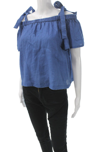 J Brand Womens Linen Square Neck Short Sleeve Shirt Blue Size S
