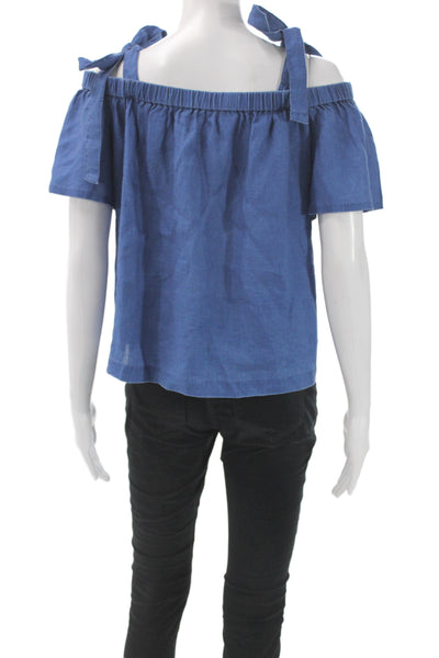 J Brand Womens Linen Square Neck Short Sleeve Shirt Blue Size S