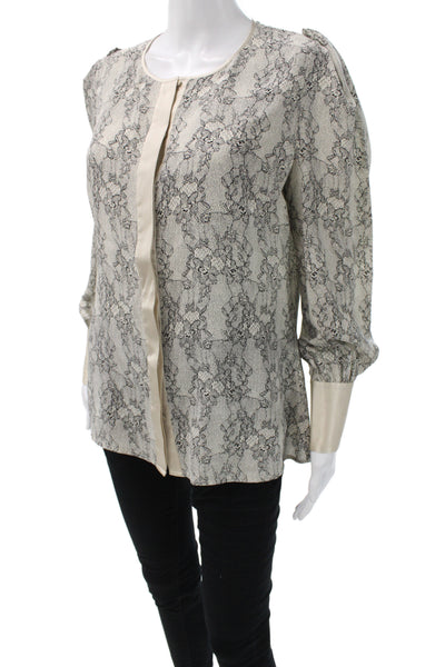Reiss Womens Lace Floral Blouse Long Sleeve Round Neck Button Beige Size 8