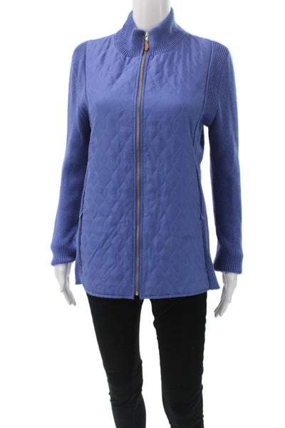 J. Mclaughlin Womens Quilted Silk Jacket Blue Zip Size L