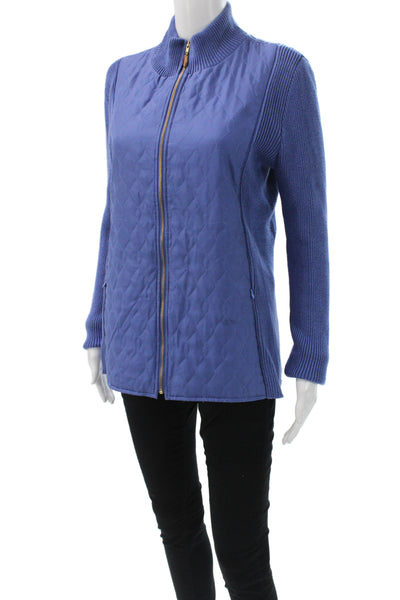J. Mclaughlin Womens Quilted Silk Jacket Blue Zip Size L