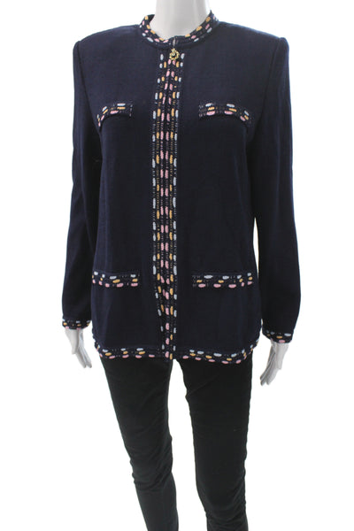 St. John By Marie Gray Women Blue Striped Knit Jacket Long Sleeve Size 8