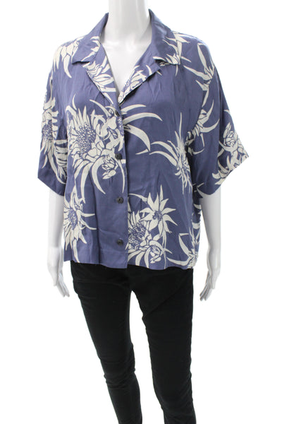 Rag & Bone Womens Cropped Floral Collared Button Up Short Sleeve Blue Size S