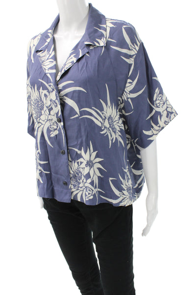 Rag & Bone Womens Cropped Floral Collared Button Up Short Sleeve Blue Size S