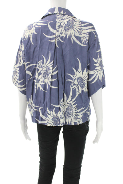 Rag & Bone Womens Cropped Floral Collared Button Up Short Sleeve Blue Size S