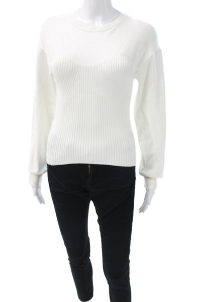 MNG Women Ribbed Knit Pullover Sweater White Crew Neck Long Sleeve Size XS