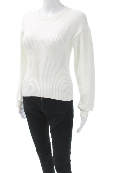 MNG Women Ribbed Knit Pullover Sweater White Crew Neck Long Sleeve Size XS