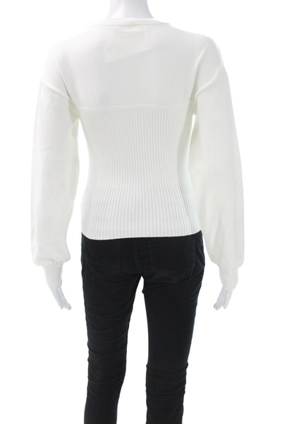 MNG Women Ribbed Knit Pullover Sweater White Crew Neck Long Sleeve Size XS
