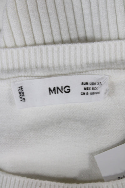 MNG Women Ribbed Knit Pullover Sweater White Crew Neck Long Sleeve Size XS