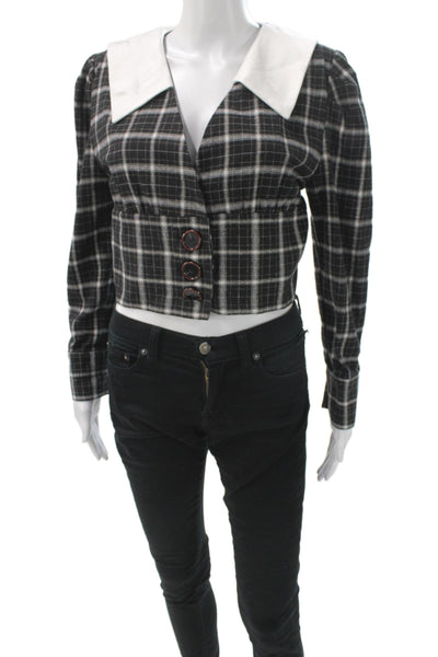 New Revival Womens Basic Plaid Jacket Black Button V Neck Long Sleeve Size M