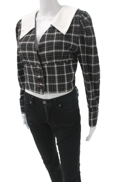 New Revival Womens Basic Plaid Jacket Black Button V Neck Long Sleeve Size M