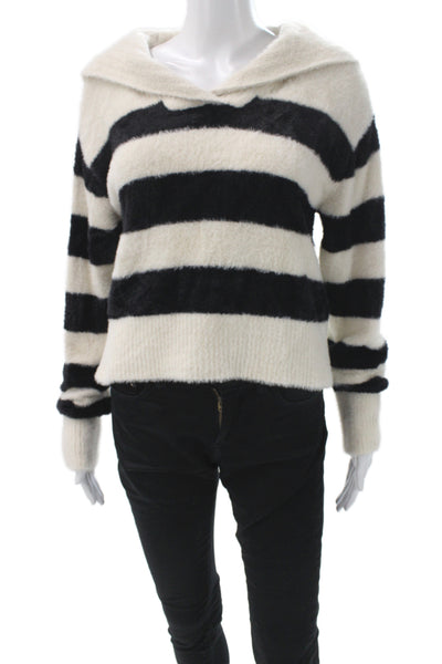 Designer Women Striped Collared Pullover Black 100% Nylon Long Sleeve Size S