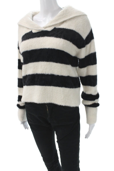 Designer Women Striped Collared Pullover Black 100% Nylon Long Sleeve Size S