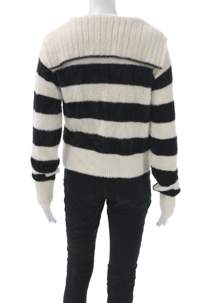Designer Women Striped Collared Pullover Black 100% Nylon Long Sleeve Size S