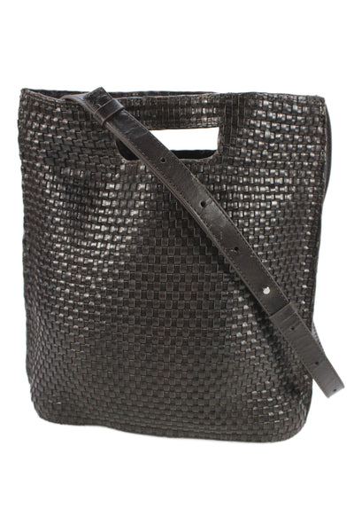 COS Womens Leather Woven Open Top Shoulder Handbag Dark Brown