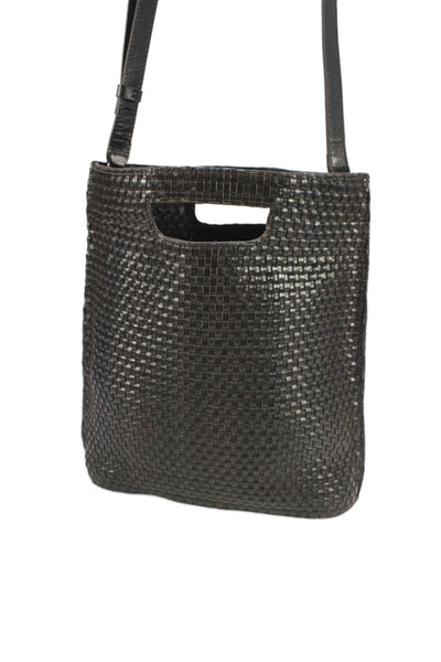 COS Womens Leather Woven Open Top Shoulder Handbag Dark Brown