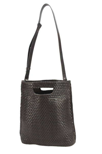 COS Womens Leather Woven Open Top Shoulder Handbag Dark Brown