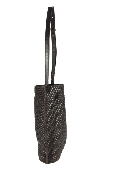 COS Womens Leather Woven Open Top Shoulder Handbag Dark Brown
